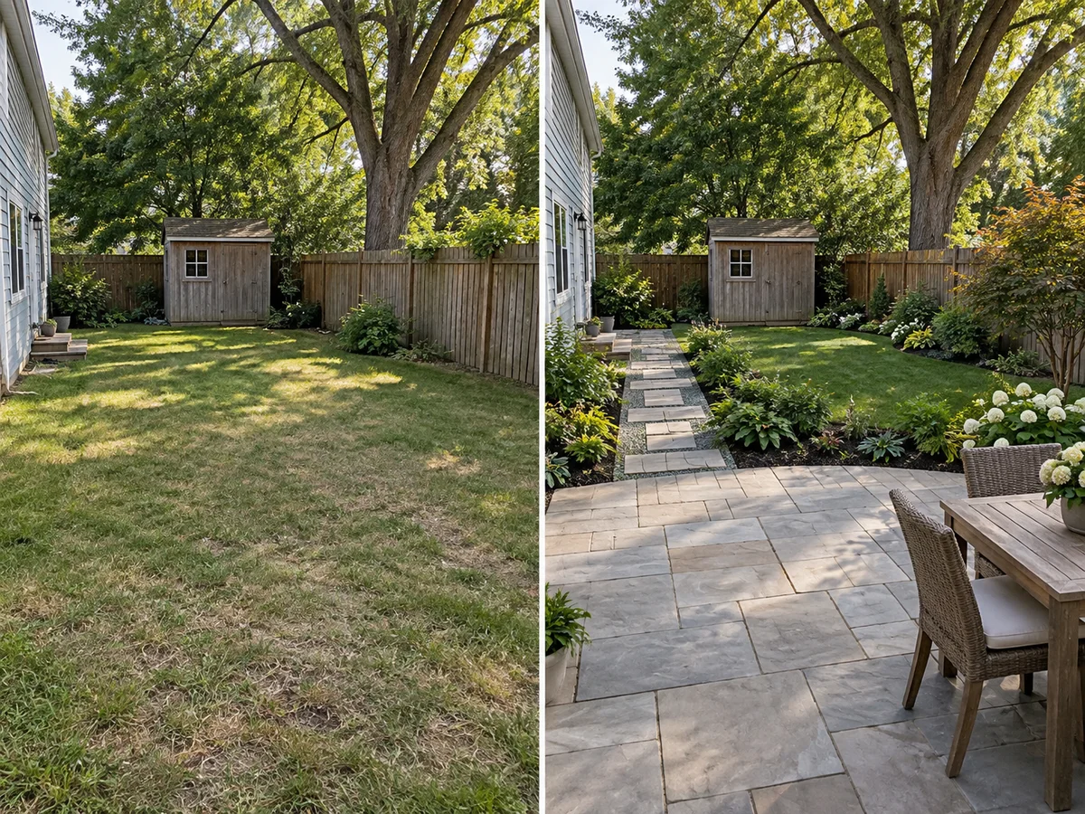 The same backyard before and after an AI yard design, with the house, fence and tree kept