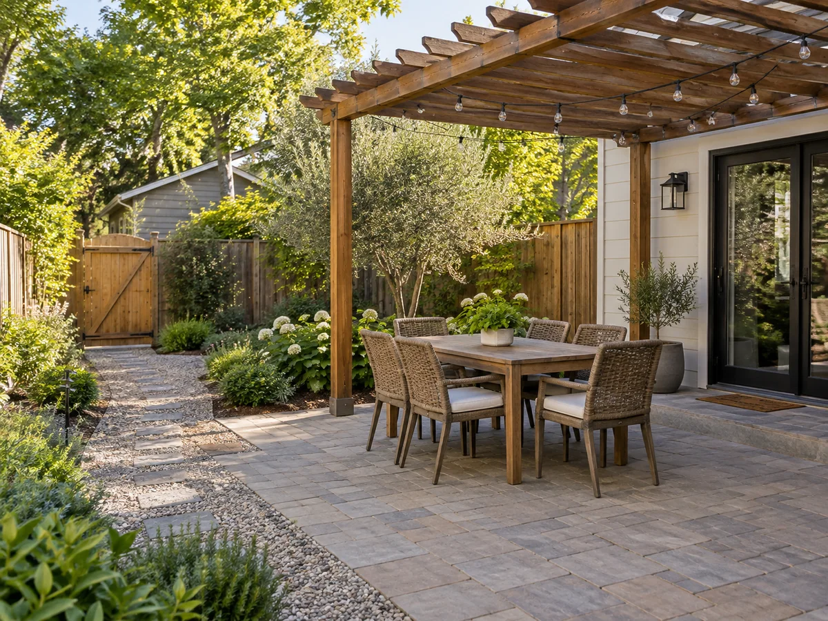 A backyard concept with a paver patio, a gravel path and a dining area under a pergola