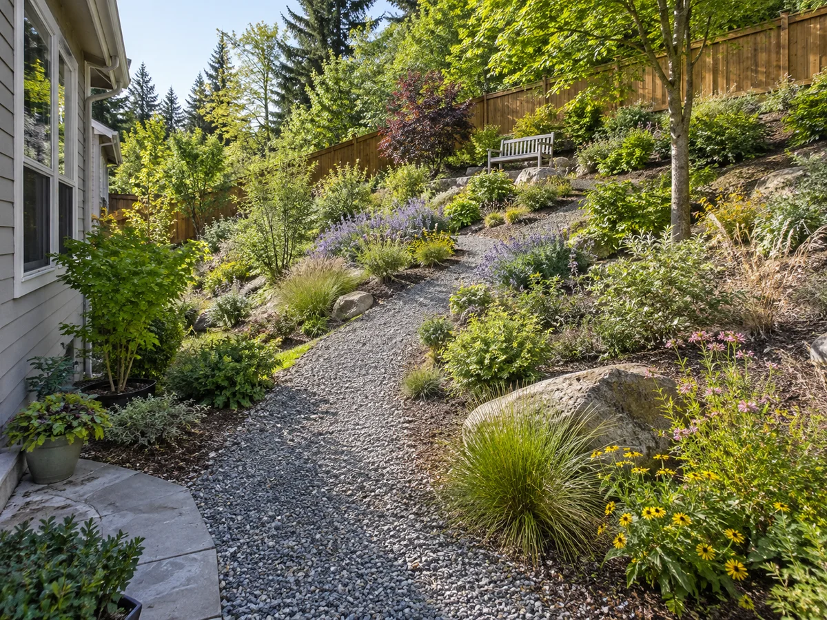 A sloped backyard with a path and plants laid across the existing grade