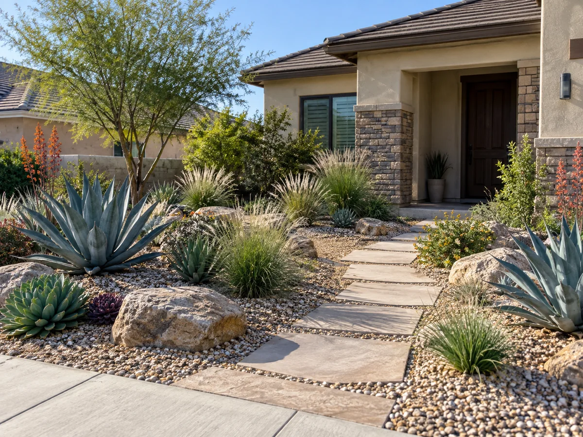 An arid landscape AI concept: a front yard with gravel, succulents and native grasses in place of lawn