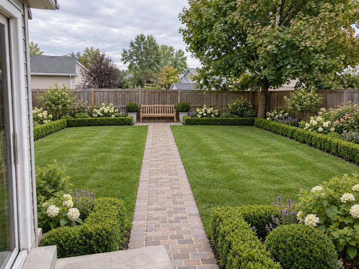 English Lawn Backyard with Boxwood Hedges — After