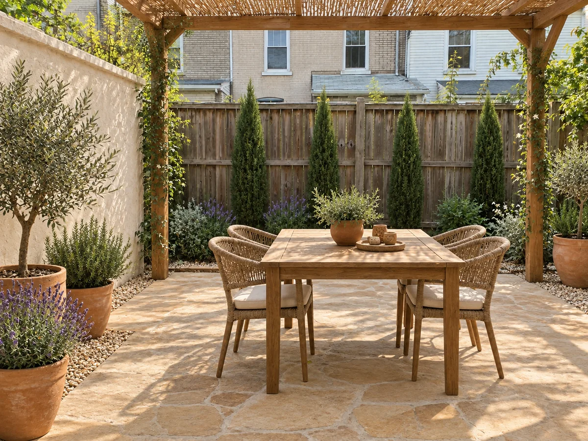 Small Mediterranean Patio with a Pergola — After