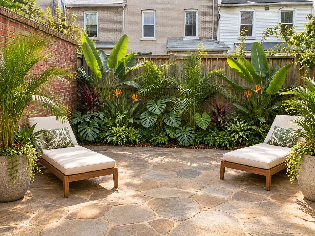 Small Tropical Patio with Layered Foliage — After