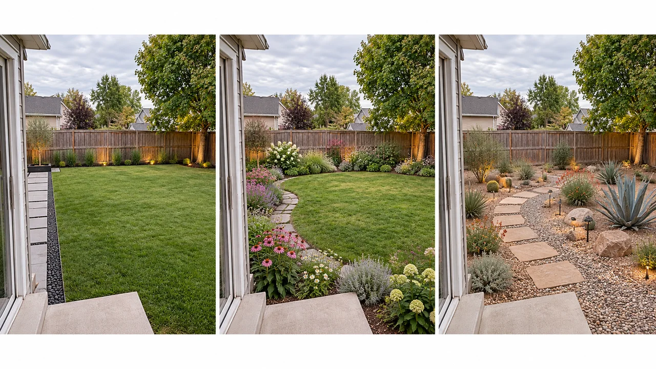 One backyard shown in three AI landscape design styles