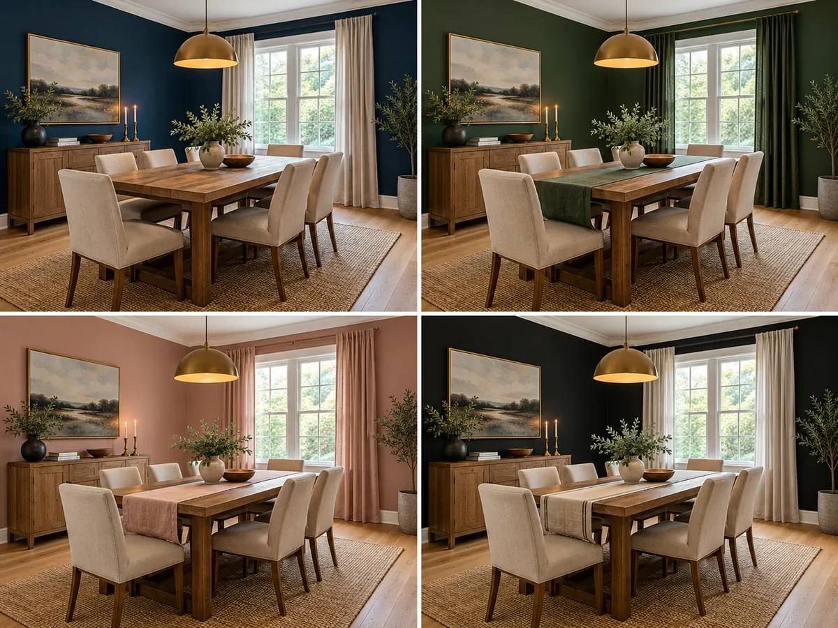 Illustrative AI concept: one dining room shown in blue, dark green, pink and black