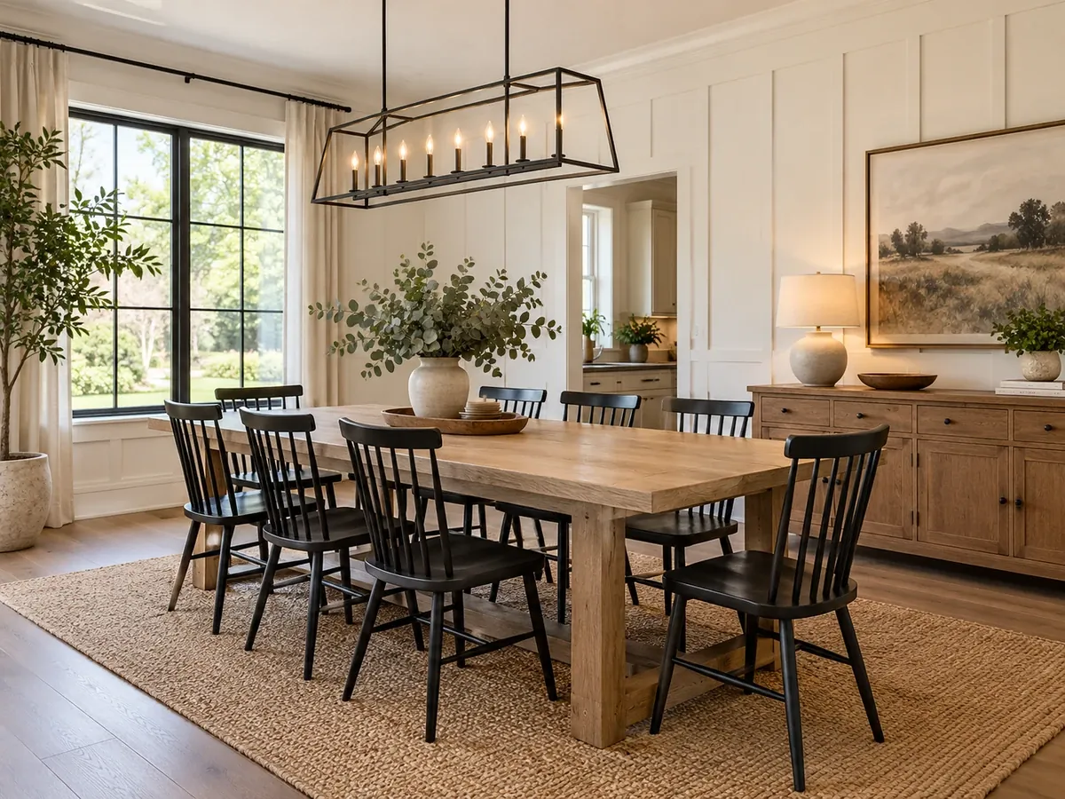 Illustrative AI concept: a modern farmhouse dining room with a long oak table, black spindle chairs and a black metal chandelier