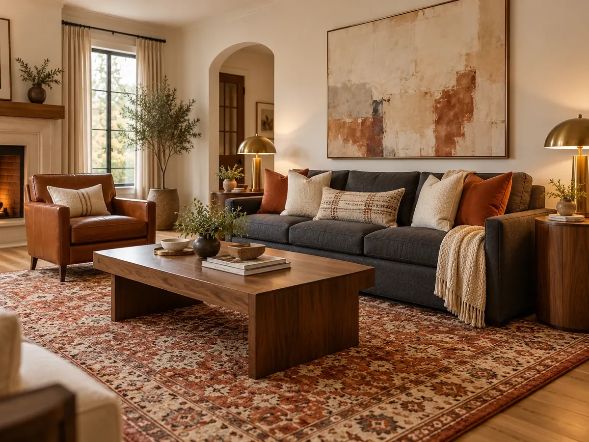 Illustrative AI concept: a dark grey sofa styled with a rust rug, a cognac leather armchair and brass lamps