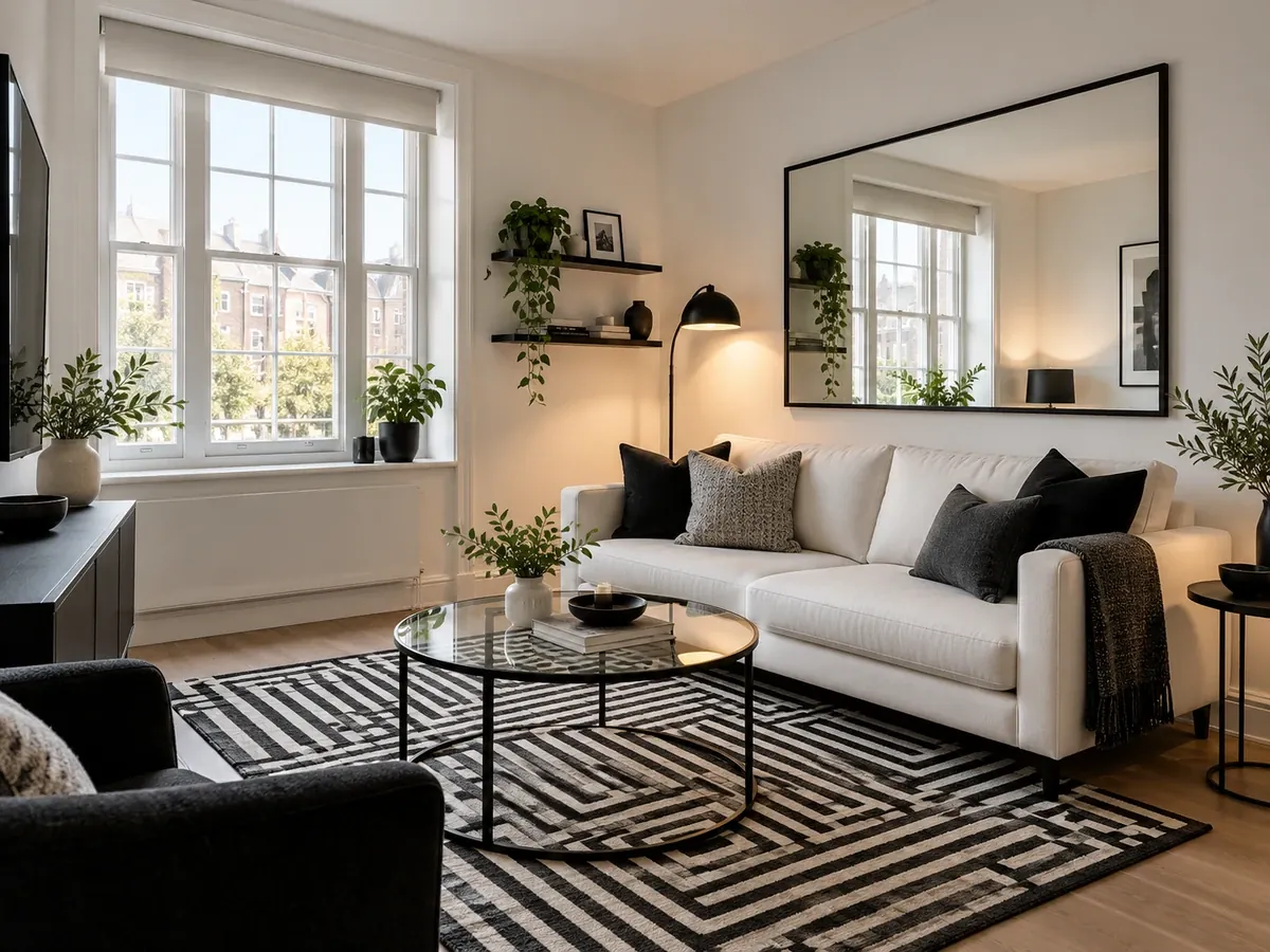 Illustrative AI concept: a small black and white living room with a slim sofa and a glass coffee table