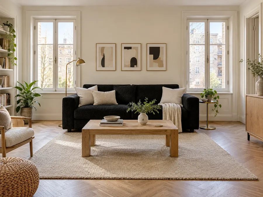 Illustratives KI-Bild: Altbau-Wohnzimmer mit altweißen Wänden, hohen Sprossenfenstern, Fischgrätparkett, schwarzem Sofa und drei Grafiken