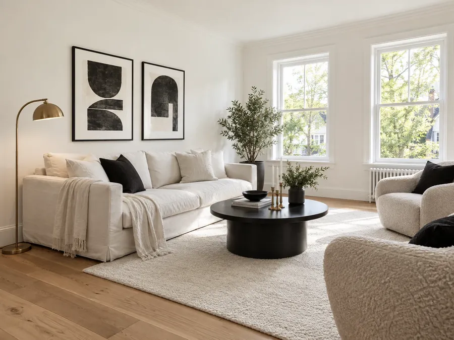 Illustrative AI concept: bright living room with white walls, a white linen sofa, a round black coffee table, black-framed prints and a brass floor lamp