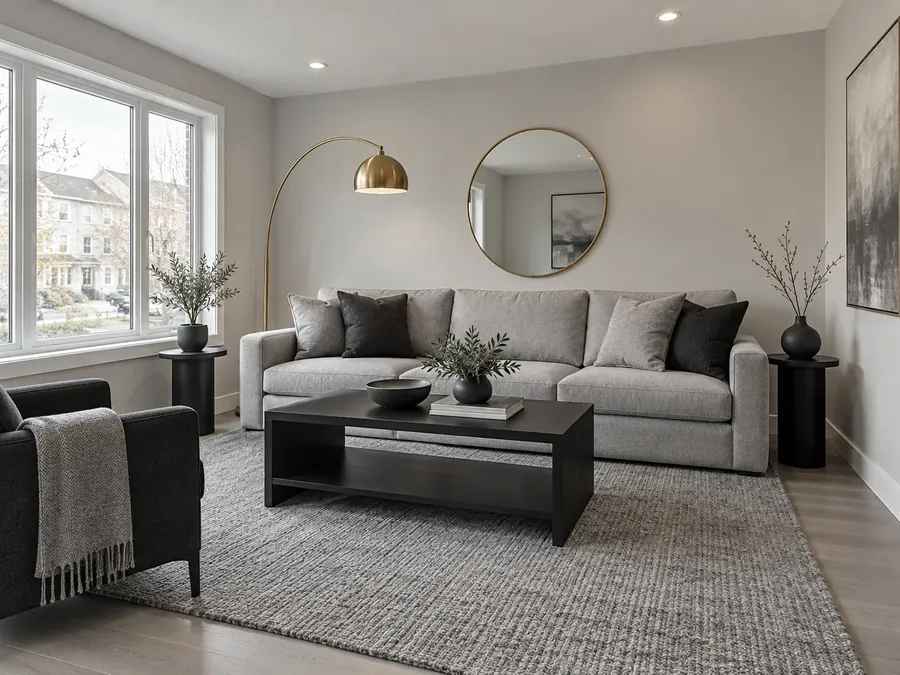 Illustratives KI-Bild: Wohnzimmer mit hellgrauen Wänden, hellgrauem Sofa, schwarzem Couchtisch, Messing-Bogenleuchte und rundem Spiegel