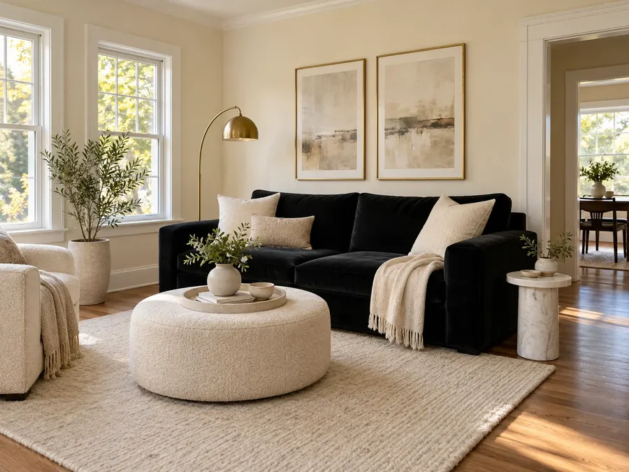 Illustratives KI-Bild: Wohnzimmer mit cremefarbenen Wänden, schwarzem Samtsofa, rundem Bouclé-Hocker, Messing-Bogenleuchte und hellem Wollteppich