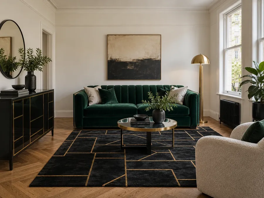 Illustrative AI concept: Art Deco living room with an emerald velvet sofa, a black lacquered sideboard with brass inlays, a mirrored side table and a geometric black and gold rug