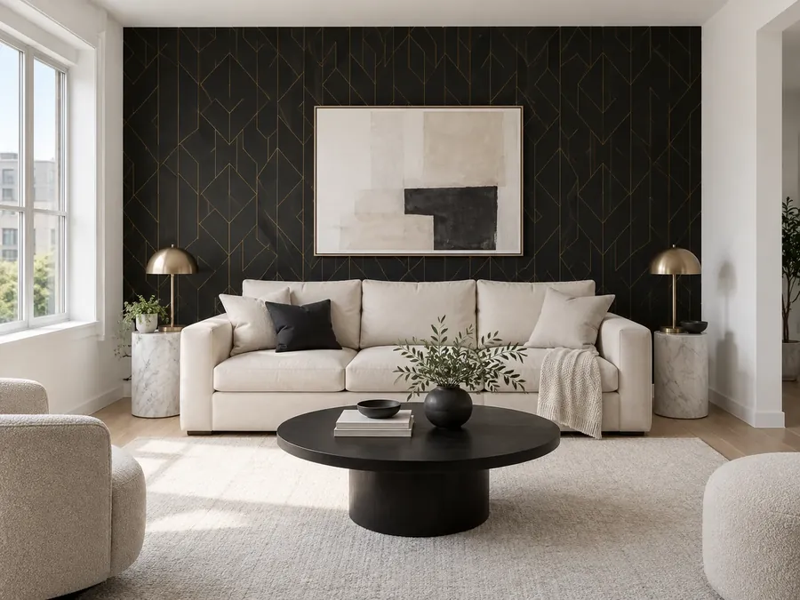 Illustrative AI concept: living room with black and gold geometric wallpaper behind a cream linen sofa, white side walls, a black coffee table and brass table lamps