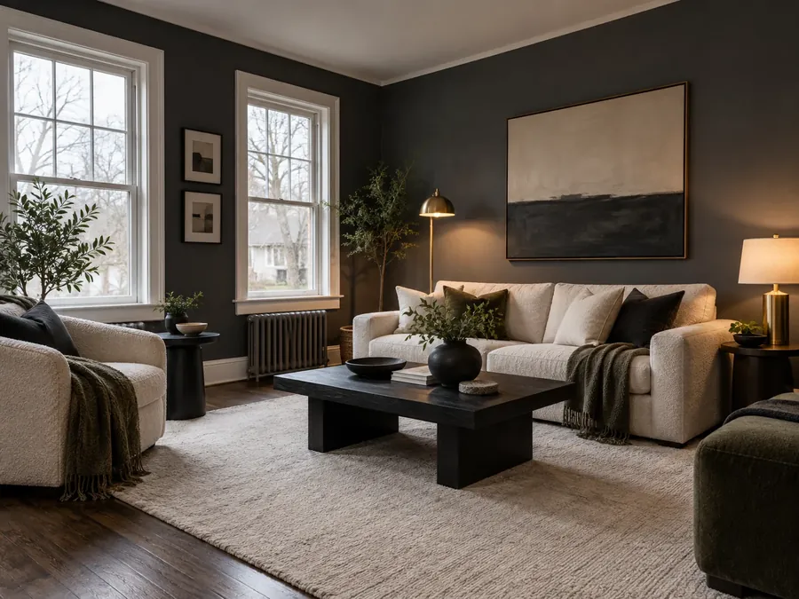 Illustratives KI-Bild: Wohnzimmer mit anthrazitfarbenen Wänden, weißen Sprossenfenstern, hellem Bouclé-Sofa, schwarzem Couchtisch und Messinglampen
