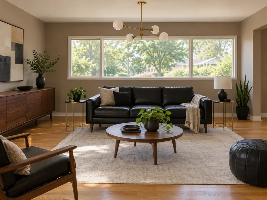 Illustratives KI-Bild: Wohnzimmer mit taupefarbenen Wänden, langem Fensterband, schwarzem Ledersofa, Sideboard aus Nussbaum und Messing-Pendelleuchte