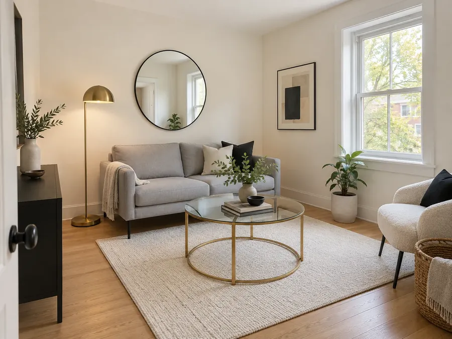 Illustrative AI concept: small apartment living room with warm white walls, a pale grey loveseat on slim black legs, a round glass and brass coffee table and a black-framed mirror