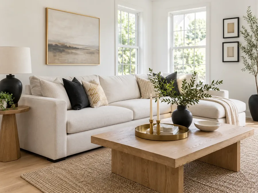 Illustratives KI-Bild: Wohnzimmer mit weißen Wänden, cremeweißem Ecksofa, Couchtisch aus Eiche, Jute-Teppich und Messing-Tablett