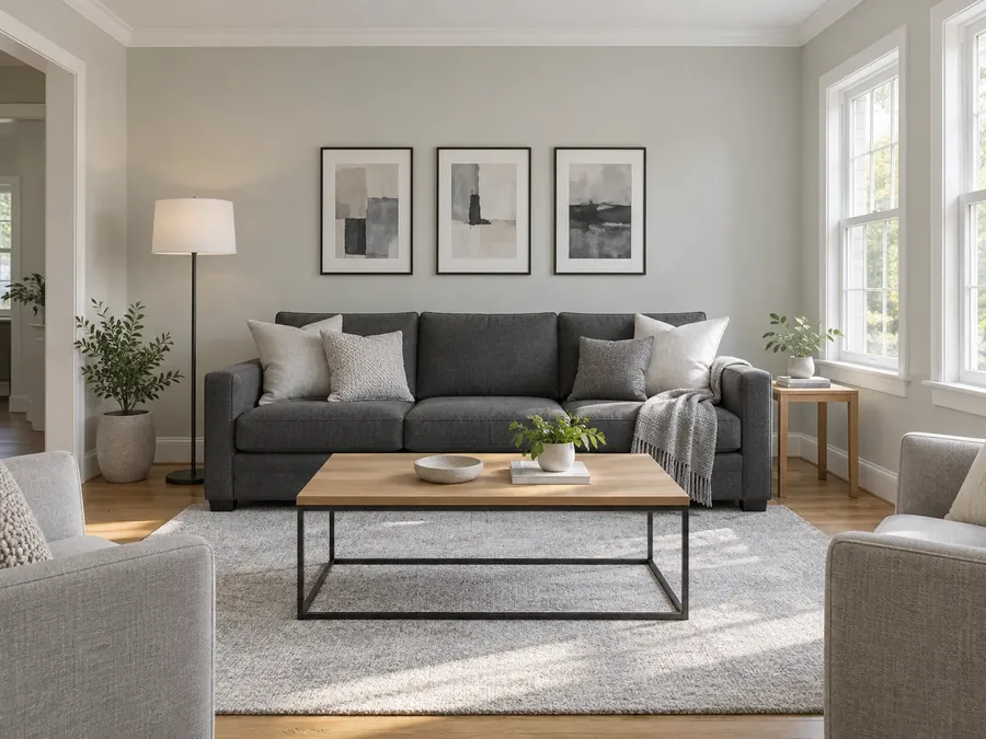Illustratives KI-Bild: Wohnzimmer mit hellgrauen Wänden, anthrazitfarbenem Sofa, drei schwarz gerahmten Bildern und hellgrauem Teppich