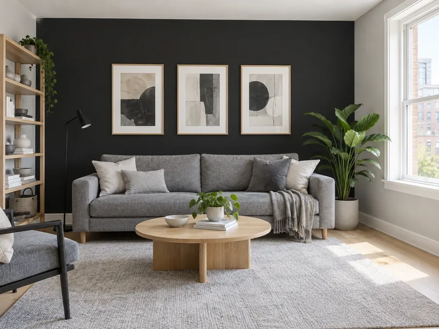 Illustratives KI-Bild: Wohnzimmer mit fast schwarzer Akzentwand hinter grauem Sofa, drei gerahmten Grafiken, Holzregal und hellgrauem Teppich