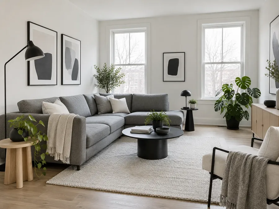 Illustrative AI concept: bright living room with white walls, a mid-grey sofa, black lamps and frames and a light wood floor
