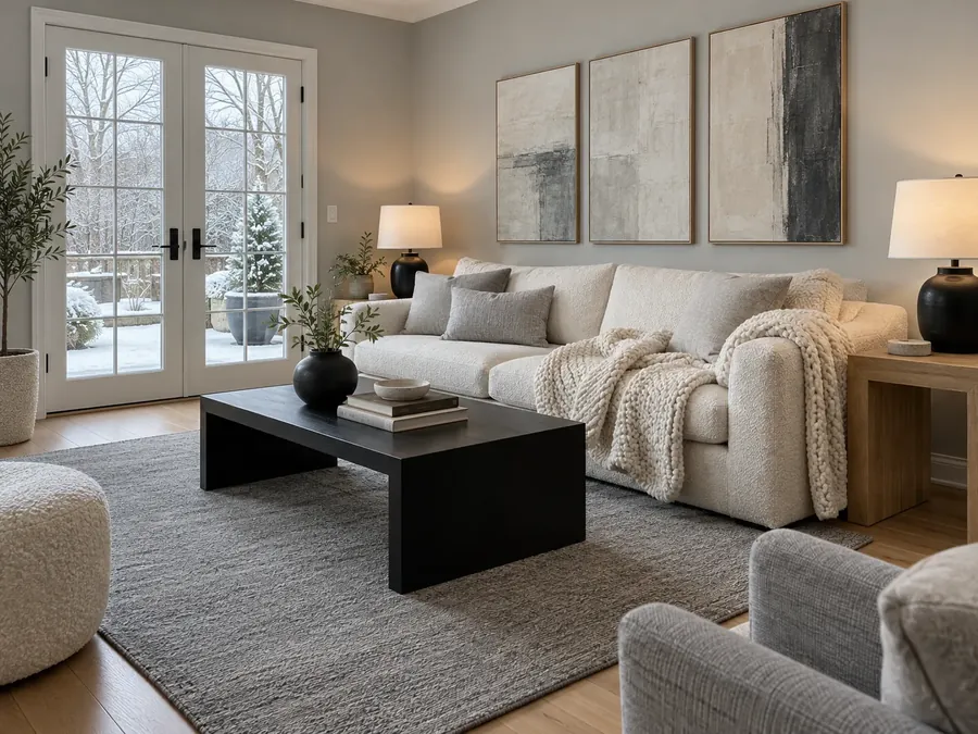 Illustrative AI concept: living room with a cream sofa and throws, light grey walls, a grey rug and a black coffee table