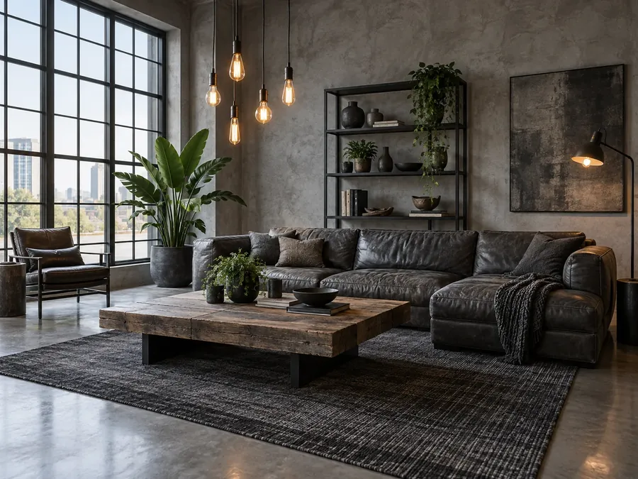 Illustrative AI concept: industrial living room with concrete-grey walls, black steel shelving, a dark leather sofa and Edison bulbs