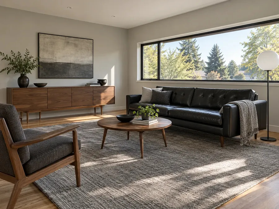Illustrative AI concept: living room with a black leather sofa on a large grey wool rug and a walnut sideboard