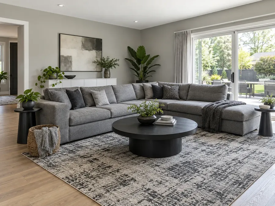 Illustrative AI concept: family living room with a mid-grey sectional sofa, black coffee and side tables and a patterned grey and black rug
