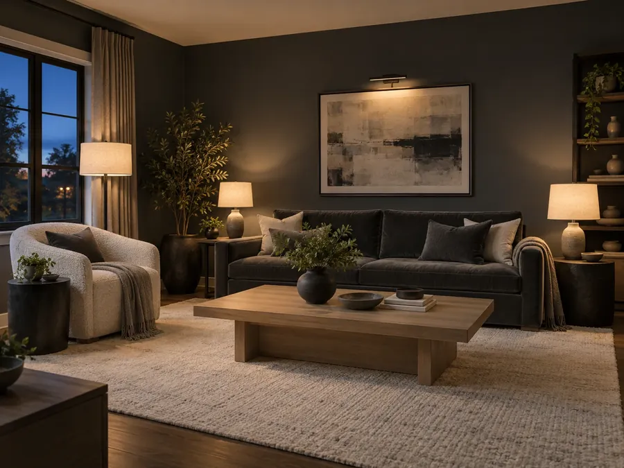 Illustratives KI-Bild: Wohnzimmer am Abend mit anthrazitfarbenen Wänden, dunklem Samtsofa, hellem Bouclé-Sessel und warmem Lampenlicht
