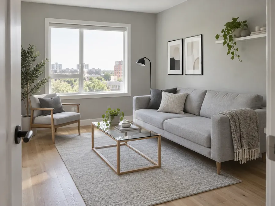Illustratives KI-Bild: kleines Wohnzimmer mit hellgrauen Wänden, hellgrauem Sofa auf schlanken Beinen und Glas-Couchtisch