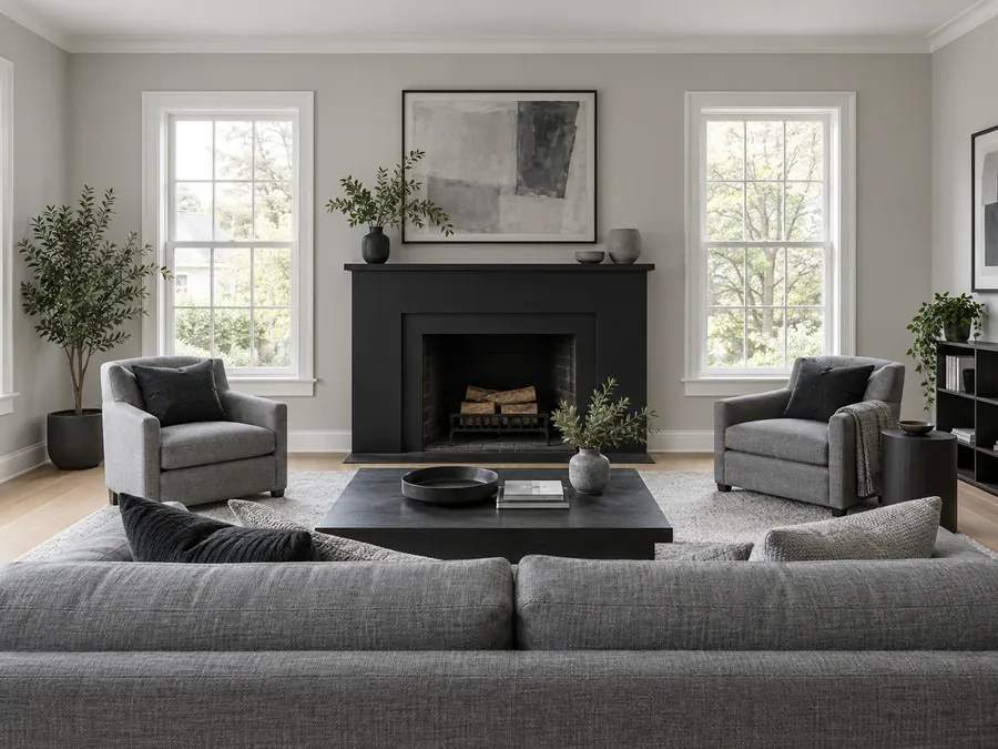 Illustrative AI concept: living room with a matte black fireplace surround, light grey walls and a grey sofa facing the fireplace