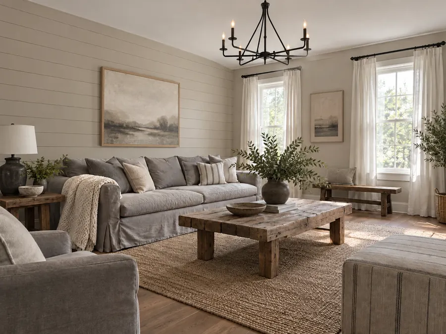 Illustrative AI concept: farmhouse living room with warm greige walls, a black iron chandelier, a slipcovered grey sofa and a reclaimed wood table