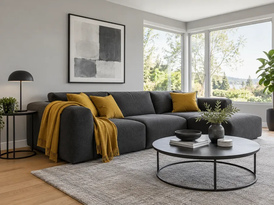 Illustrative AI concept: grey and black living room with a charcoal sofa, black accents and mustard yellow cushions and throw