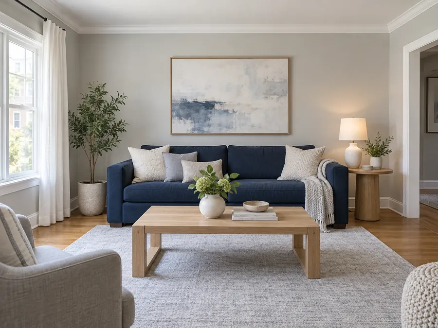 Illustrative AI concept: modern living room with soft grey walls, a navy blue sofa, a pale grey rug, white linen curtains and light oak tables