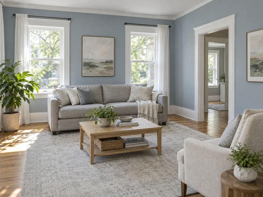 Illustratives KI-Bild: Wohnzimmer mit taubenblauen Wänden, weißen Leisten und Türrahmen, hellgrauem Sofa und Couchtisch aus Holz