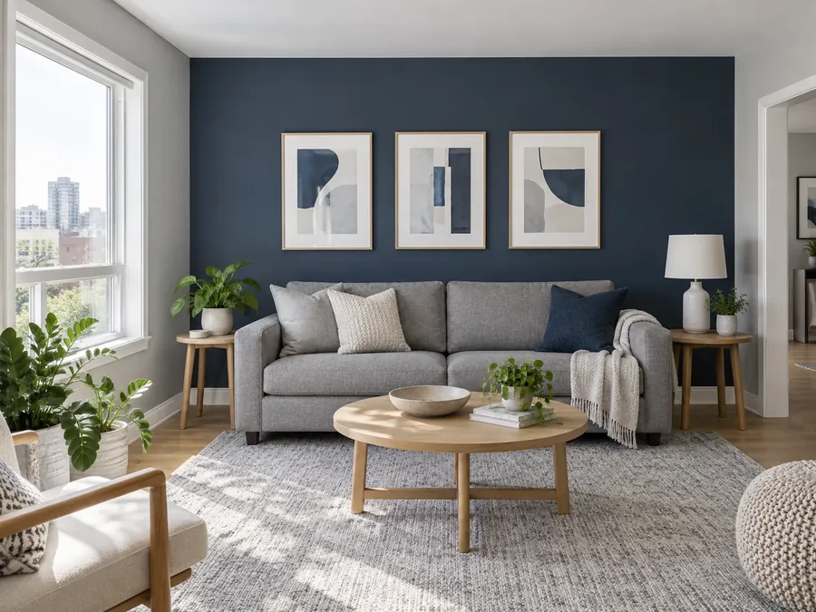 Illustratives KI-Bild: Wohnzimmer mit marineblauer Akzentwand hinter grauem Sofa, hellgrauen Seitenwänden und drei Grafiken in Blau