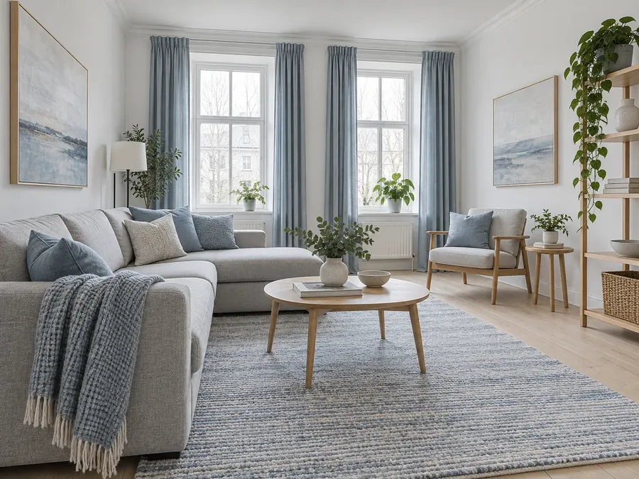 Illustrative AI concept: bright living room with white walls, a light grey sofa, pale blue cushions, curtains and rug, and light oak furniture