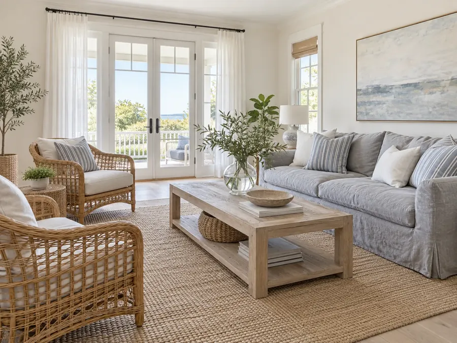 Illustratives KI-Bild: helles Wohnzimmer mit altweißen Wänden, grauem Leinensofa, Rattansesseln, Jute-Teppich und Terrassentür