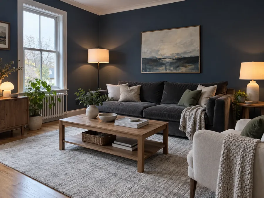 Illustratives KI-Bild: Wohnzimmer am Abend mit marineblauen Wänden, anthrazitfarbenem Samtsofa, hellem Teppich und mehreren Lampen