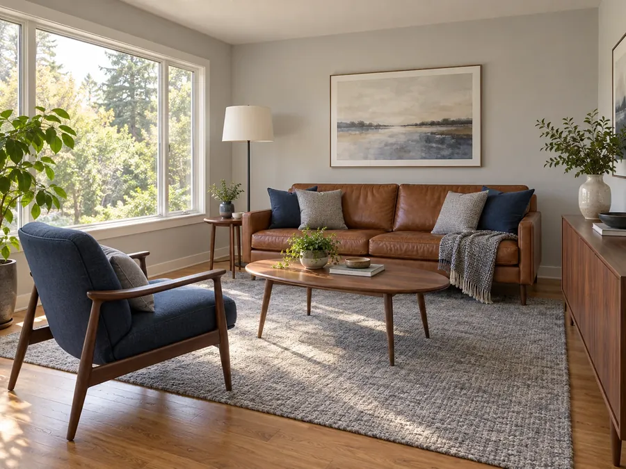Illustratives KI-Bild: Wohnzimmer mit hellgrauen Wänden, cognacfarbenem Ledersofa, dunkelblauem Sessel und Couchtisch aus Nussbaum