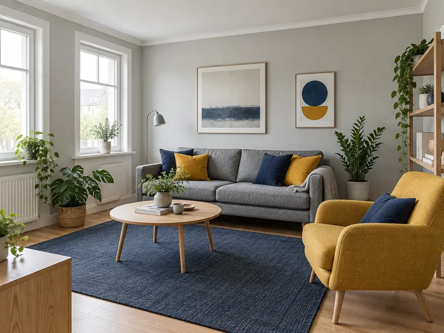 Illustrative AI concept: living room with soft grey walls, a mid-grey sofa, a mustard yellow armchair, navy and mustard cushions and a navy rug
