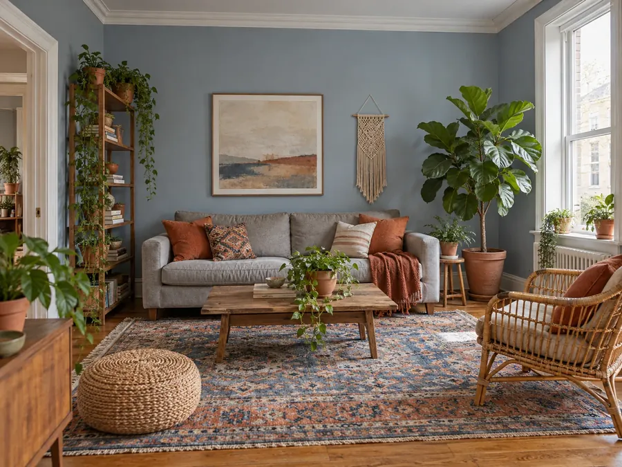 Illustratives KI-Bild: Boho-Wohnzimmer mit taubenblauen Wänden, grauem Sofa, Kissen in Terrakotta, Rattansessel und vielen Pflanzen