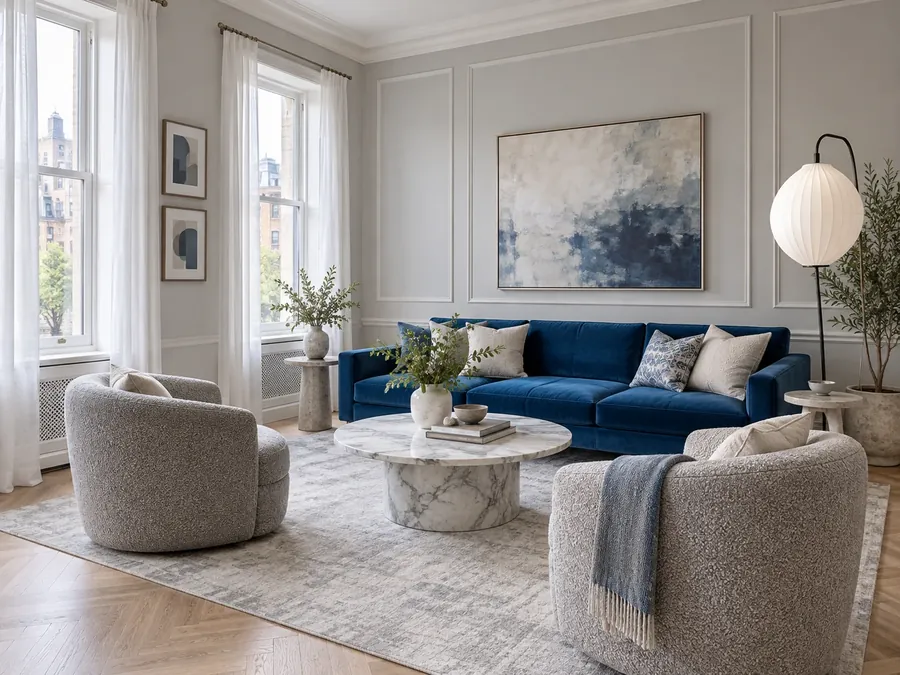 Illustrative AI concept: living room with soft grey walls, a royal blue velvet sofa, grey bouclé armchairs and a white marble coffee table