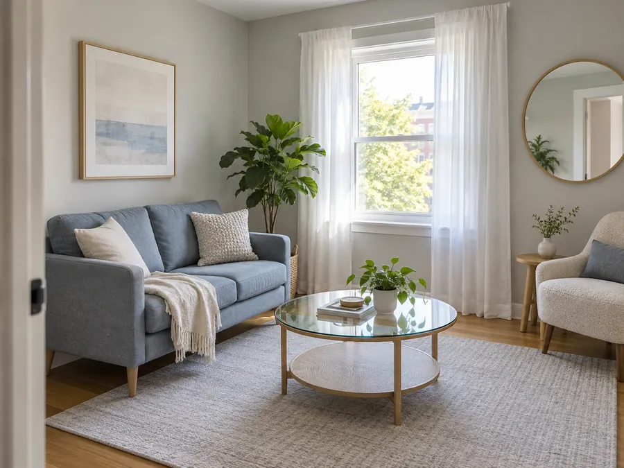 Illustrative AI concept: small living room with soft grey walls, a dusty blue loveseat on slim legs, a glass coffee table and a round mirror