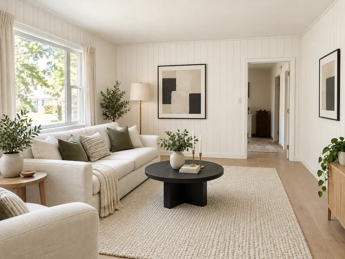 Black, White and Gold Living Room from Wood Paneling — After