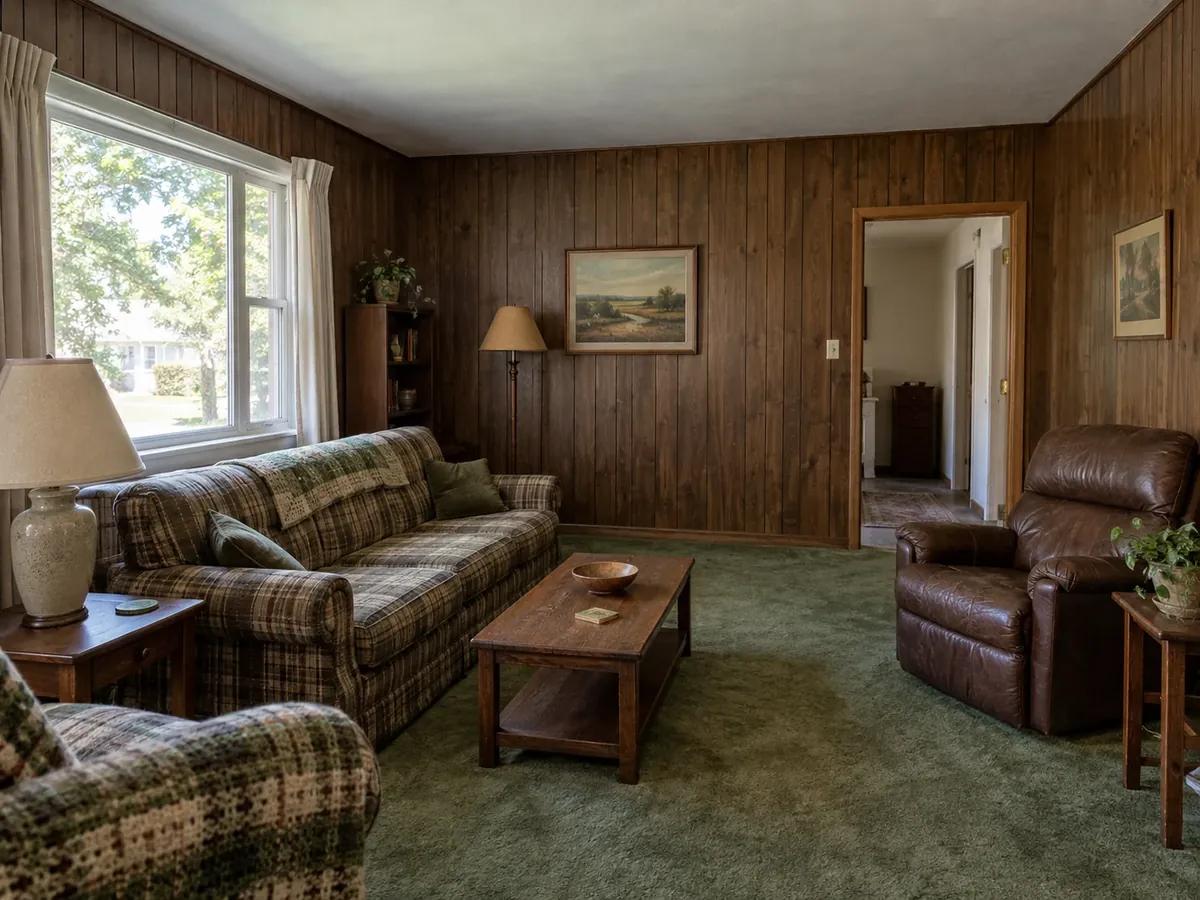 Black, White and Gold Living Room from Wood Paneling — Before