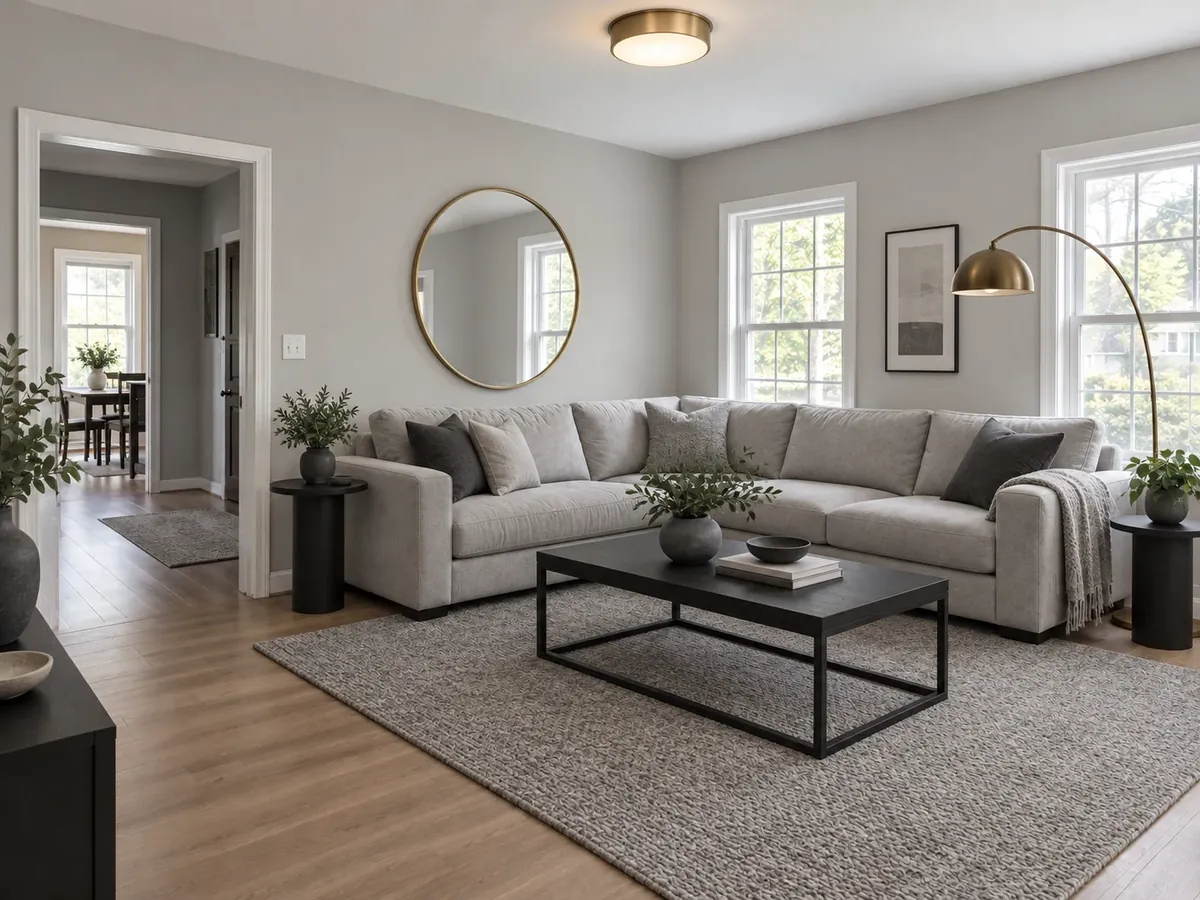 Grey and Gold Living Room with Black Accents — After