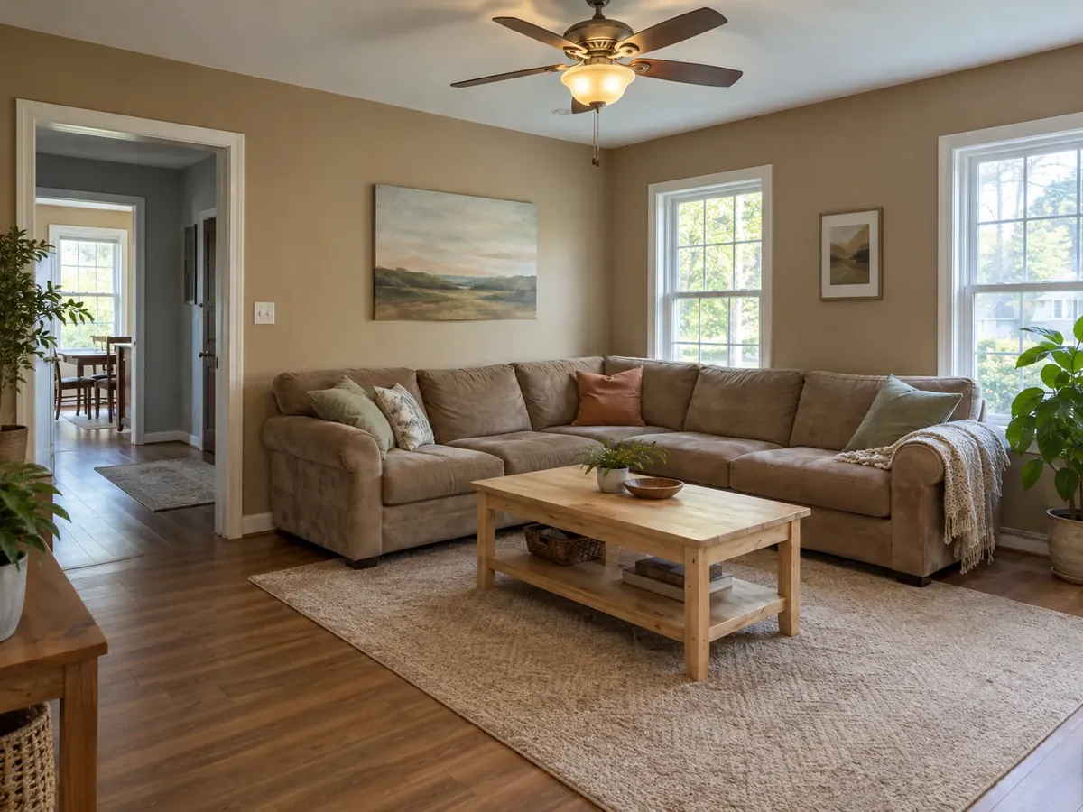 Grey and Gold Living Room with Black Accents — Before