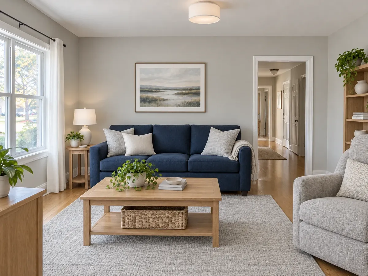Blue and Grey Living Room with a Navy Sofa — After